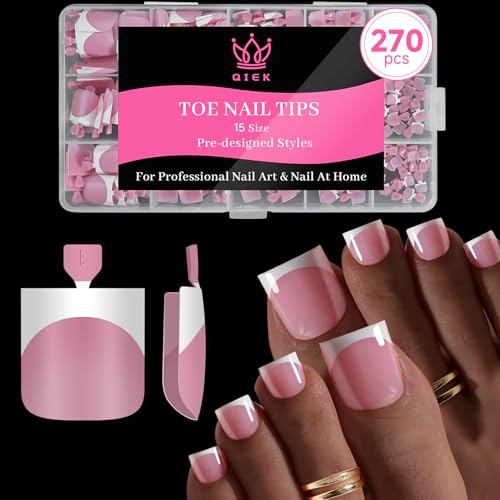 Berry Pink & White Square French Tip Press On Toenails - 270 Pcs Set