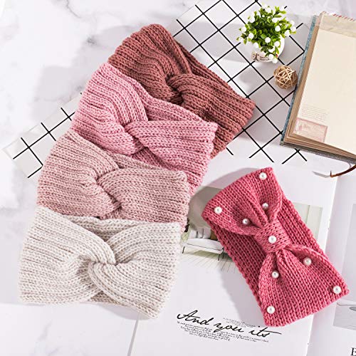 Whaline 5-Piece Winter Knit Headband Set - Elastic Crochet Ear Warmers