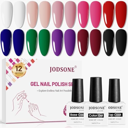 JODSONE 12-Bottle Gel Nail Polish Set with Base & Top Coat