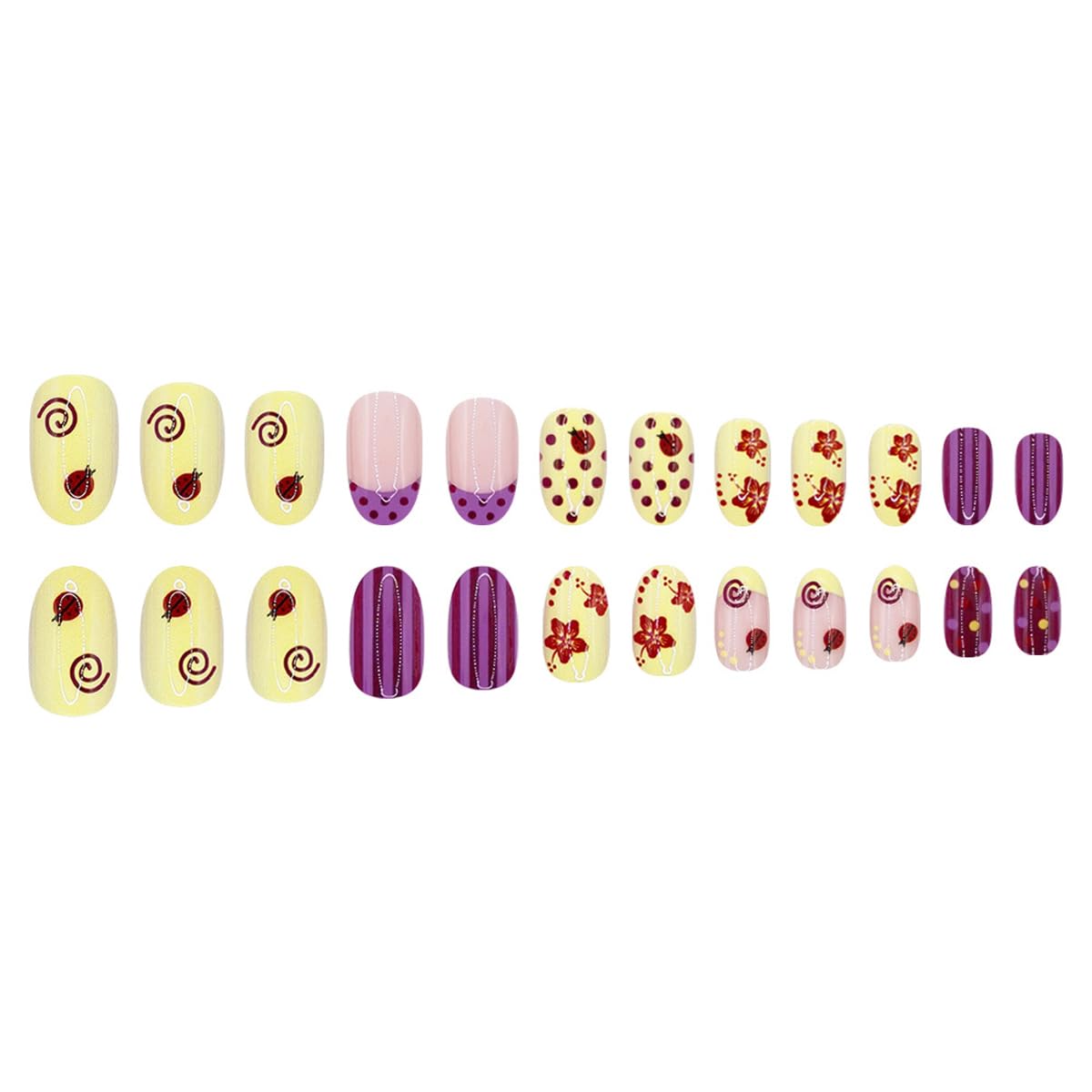 Press On Nails - Short Oval French Tip with Ladybug & Polka Dot Design | 24PCS Glossy Purple Yellow Full Cover