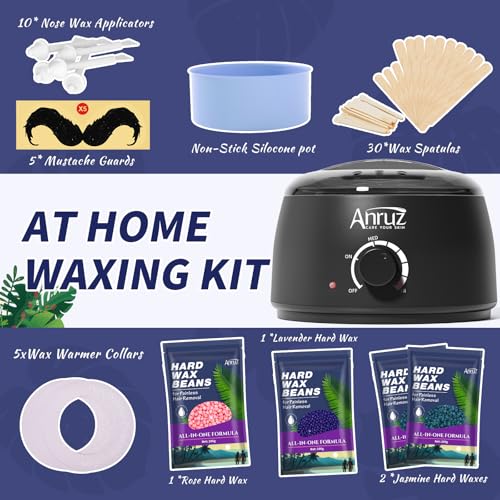 Anruz Waxing Kit for Women Men - Wax Kit for Hair Removal with Silicone Bowl,4 Bags Hard Waxing Beads and 40 Sticks - at Home Use Wax Warmer for Full Body, Bikini, Eyebrow, Face, Sensitive Skin