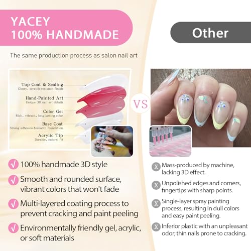 Yacey Handmade 3D Floral Press On Nails - Medium Almond French Tip Set