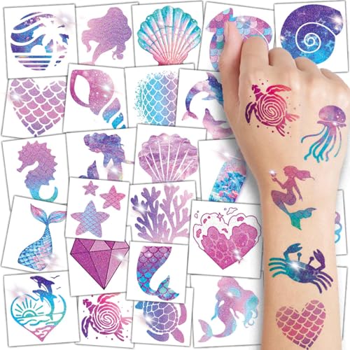 CHARLENT Glitter Mermaid Temporary Tattoos for Kids - 74 Sheets Party Decor