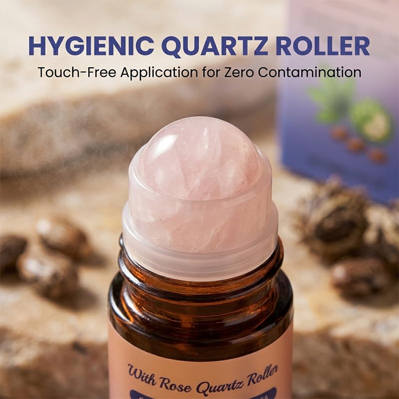 Organic Castor Oil Roll-On with Rose Quartz Roller | 100% Pure Cold Pressed for Face, Skin, Brows & Lashes - Travel Friendly (1PC)