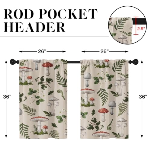 Arttown Mushrooms Kitchen Curtains - 36 Inch, 2 Pack Rod Pocket Drapes