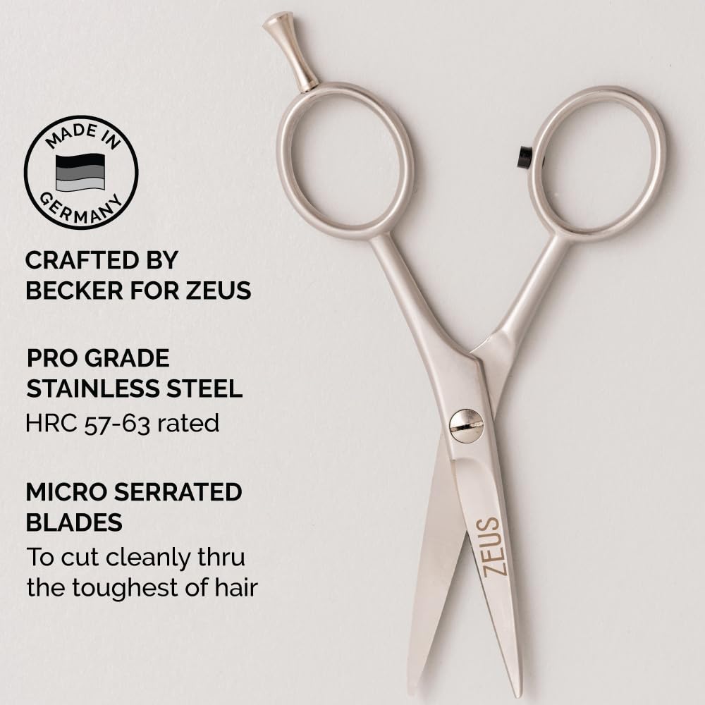 ZEUS Stainless Steel Beard Trimming Scissors with Leather Case, Facial Hair Clipping Tool for Barber Quality Beard & Mustache Trim, Great for Father's Day (Made In Germany)
