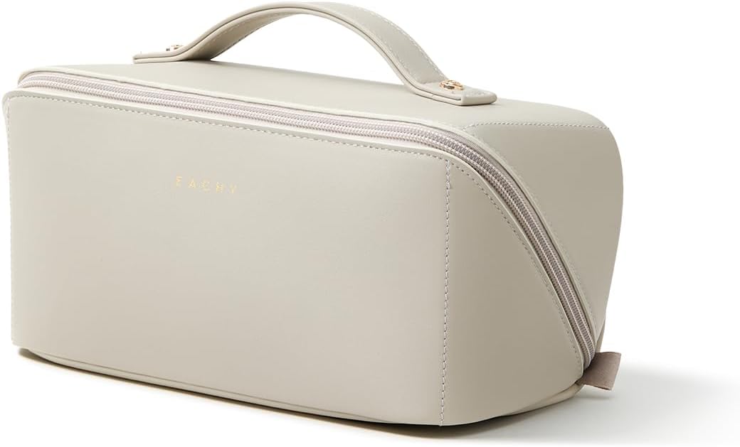Travel Makeup Bag - Large Capacity Waterproof PU Leather Cosmetic Organizer | Flat Open Design for Skincare & Brushes