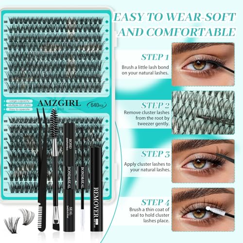 AMZGIRL Lash Clusters Kit 640Pcs 9-16mm Fake Eyelash Extensions DIY A-640Pcs-30405060D