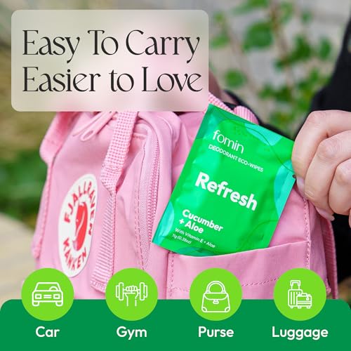 FOMIN Refresh Cucumber Aloe Travel Deodorant Wipes - 15 Count, Biodegradable & Gentle
