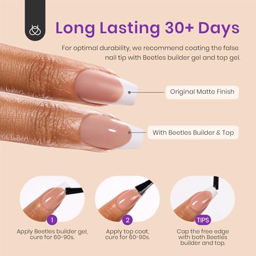Beetles Short Coffin Press On Nails, Brown French Tip, 210 Pcs