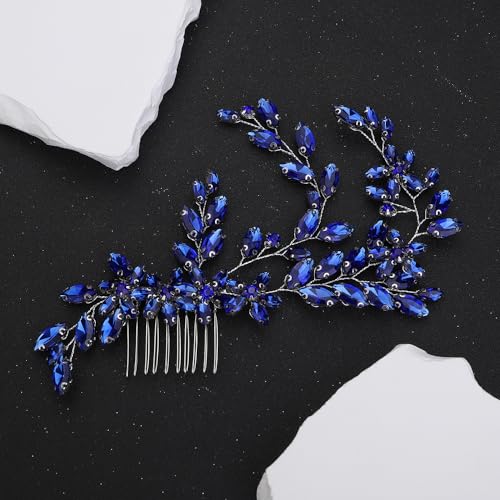 Blue Crystal Flower Bridal Hair Comb - Elegant Rhinestone Wedding Headpiece