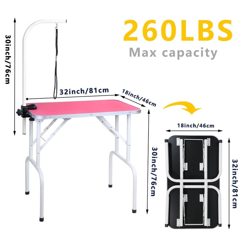 LEIBOU Pet Dog Grooming Table Foldable Grooming Table Heavy Duty Iron Frame with Arm & Noose for Dog Cat Pet Grooming (32'', Pink)
