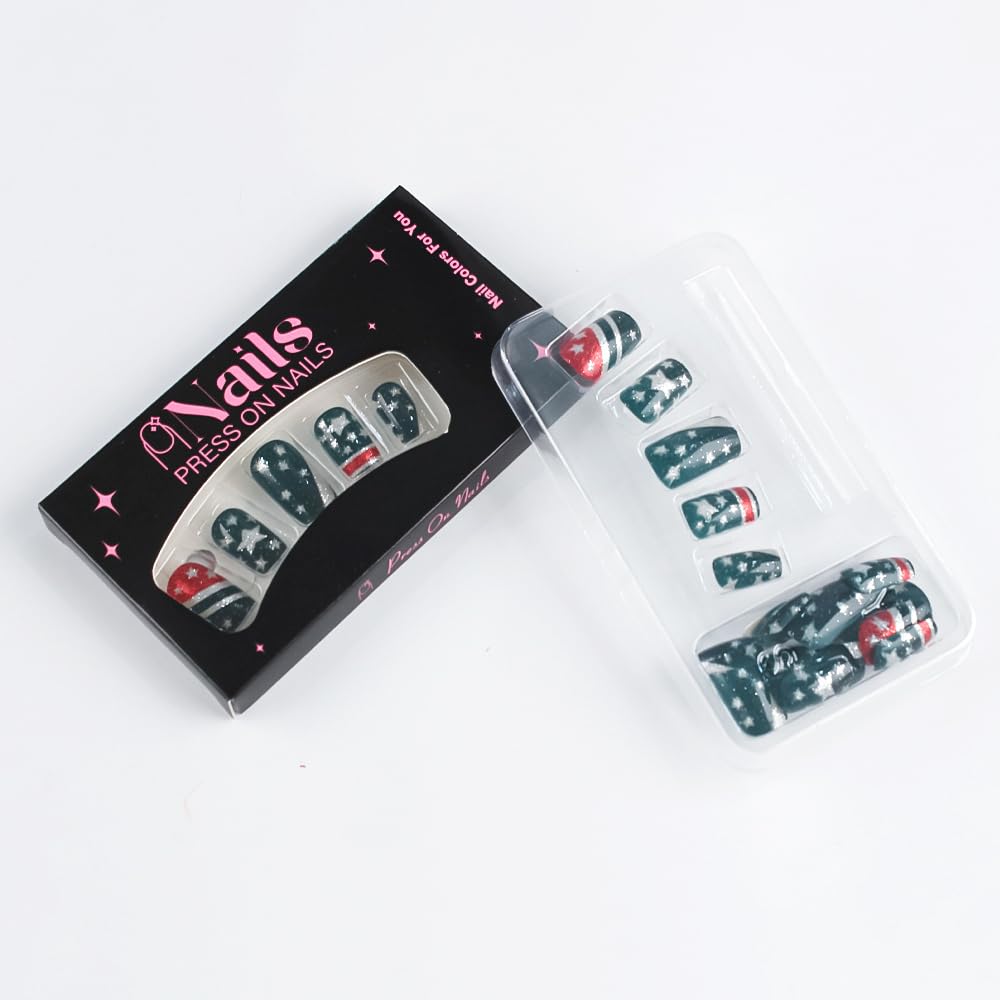 24Pcs 4th of July Press-On Nails - Medium Square Black American Flag Glitter Acrylic | Patriotic Full Cover Design