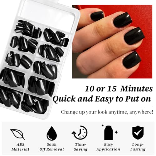 Lifextol Black Short Square Press On Nails with Glue & Tabs - 240pcs