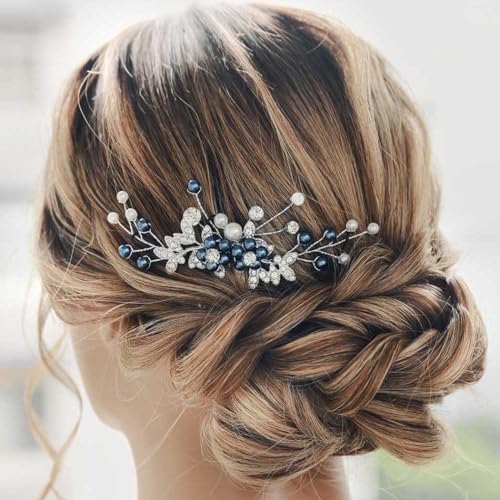 Blue Pearl Bridal Hair Comb - Wedding Hair Accessory for Women & Girls