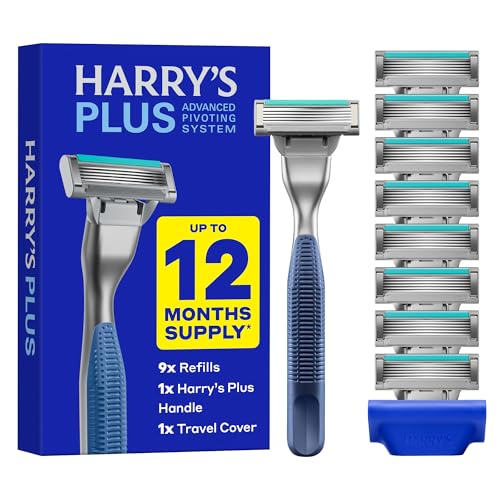 Harry's Plus Razor and Blade Value Pack, 1 Razor Handle (Tide), 9 Razor Blade Refill Cartridges- German Engineered- Up to 12 Months of Smooth Shaving