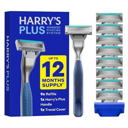 Harry's Plus Razor and Blade Value Pack, 1 Razor Handle (Tide), 9 Razor Blade Refill Cartridges- German Engineered- Up to 12 Months of Smooth Shaving