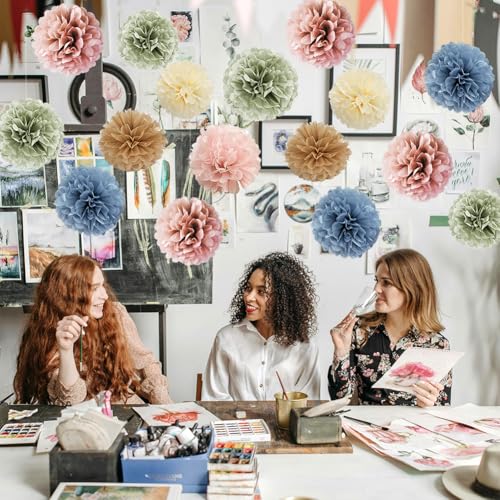 16pcs Retro Boho Tissue Paper Pom Poms - Dusty Rose, Blue, Sage Green
