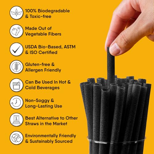Biodegradable Black Straws - 100 Pack Eco-Friendly Drinking Straws
