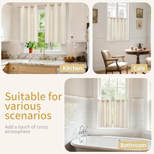 YoungsTex 2 Panel Linen Kitchen Curtains, 40 Inch Length, Light Filtering with Bronze Grommets