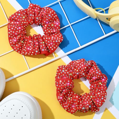 CEELGON Red Glitter Rhinestone Scrunchies 2-Pack for Cheerleading & Dance