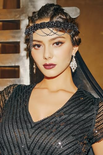 BABEYOND Black 1920s Flapper Headpiece – Great Gatsby Rhinestone Chain Headband