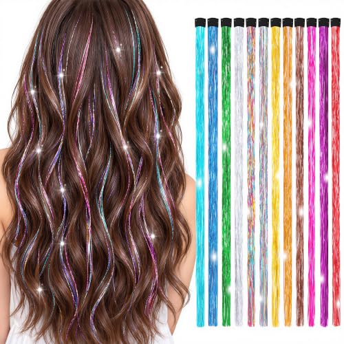 Edoneery Colorful Fairy Hair Tinsel Clip-In Extensions 19.7 Inch for Party & Festival