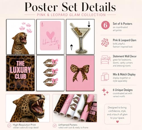 Coquette Pink Leopard Wall Art Set of 6 Prints, 8x10