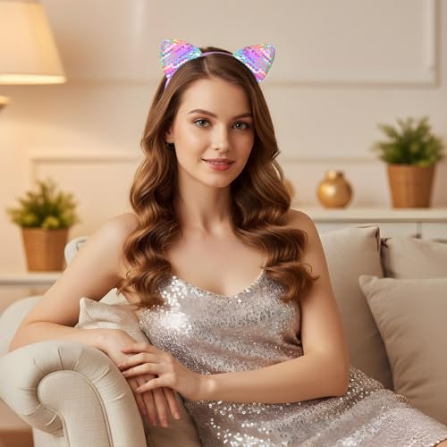 4PCS Light Up Reversible Sequin Cat Ear Headbands for Parties