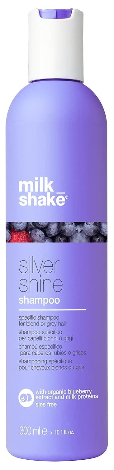 milk_shake silver shine shampoo | purple shampoo to help reduce yellow and brass in white, grey or natural blonde hair | with milk proteins and fruit extracts | for bright, soft hair, 10.1 fl oz