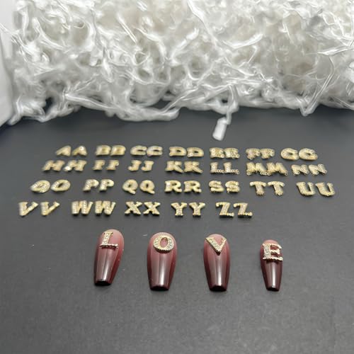 52 Pcs Gold 3D Alphabet Nail Charms – Rhinestone Initial Letters for Nail Art