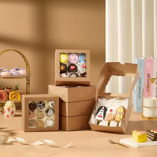 NEKSUNBAK 20 Pack Brown Bakery Gift Boxes with Window - 6x6x2.5 inches