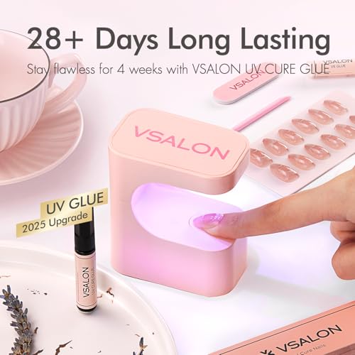 VSALON Short Almond Press On Nails E1-Luster Nude Pink Pearl Chrome