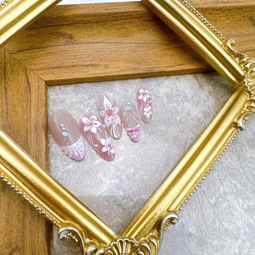 24 Pcs Pink Flower Press-On Nails with Pearl Rhinestones