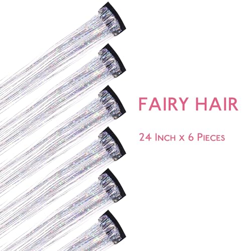 WENNALIFE Silver Hair Tinsel Clips - 6pcs 24-inch Glitter Extensions