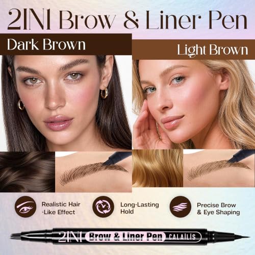 CALAILIS Waterproof Microblading Eyebrow Pencil for Women - Dark Brown 2-in-1 Microblading & Precise Brush Dual-Ended Eyebrow & Eyeliner Pen