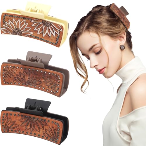 FRUSSONIA Sunflower Print Leather Claw Clips 4-inch Large Square Hairpins, Vintage Cowhide Hair Accessories, Set of 3 - Flower Variation