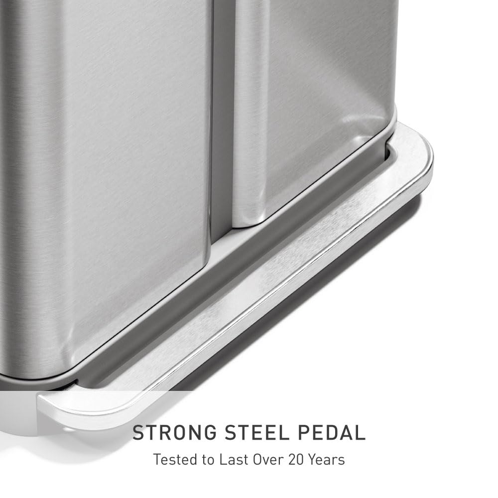 simplehuman Step Recycler, 58L / 15.3 Gallon Dual Compartment Kitchen Trash Can, 150,000-Step Steel Pedal, Lid Shox® Silent Close, Liner Rim System, Liner Pocket®, Brushed Stainless Steel