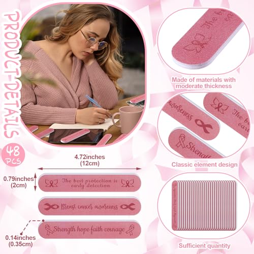 Gisafai 48 Pcs Breast Cancer Awareness Nail Files - Pink Emery Boards