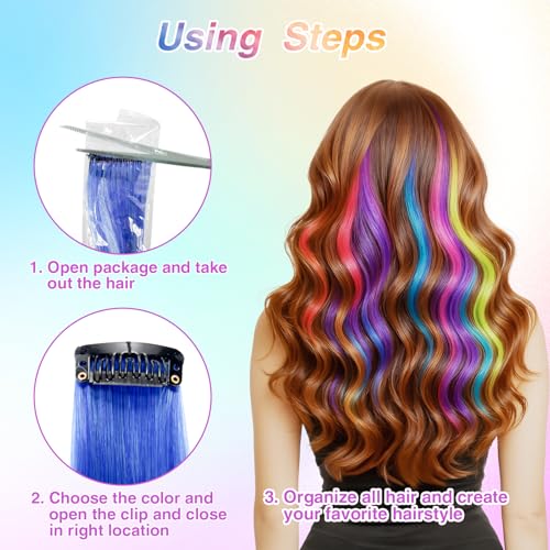 Rainbow Hair Extensions Clip-In 32 Pcs 20 Inch Multicolor Straight for Girls - BEAHOT