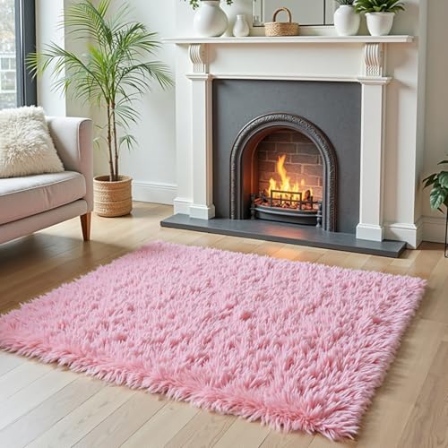 Soft Plush Pink Shag Area Rug, 2x3 Non-Slip Bedroom Carpet