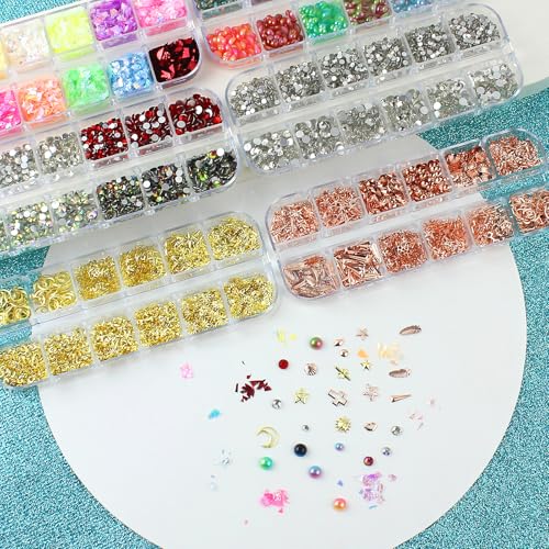 Nail Art Glitter Studs Kit with 15 Gold Stickers & 3D Charms