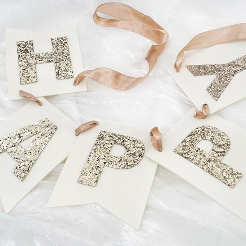 Gold & White Felt Happy Birthday Banner - Reusable Boho Decor