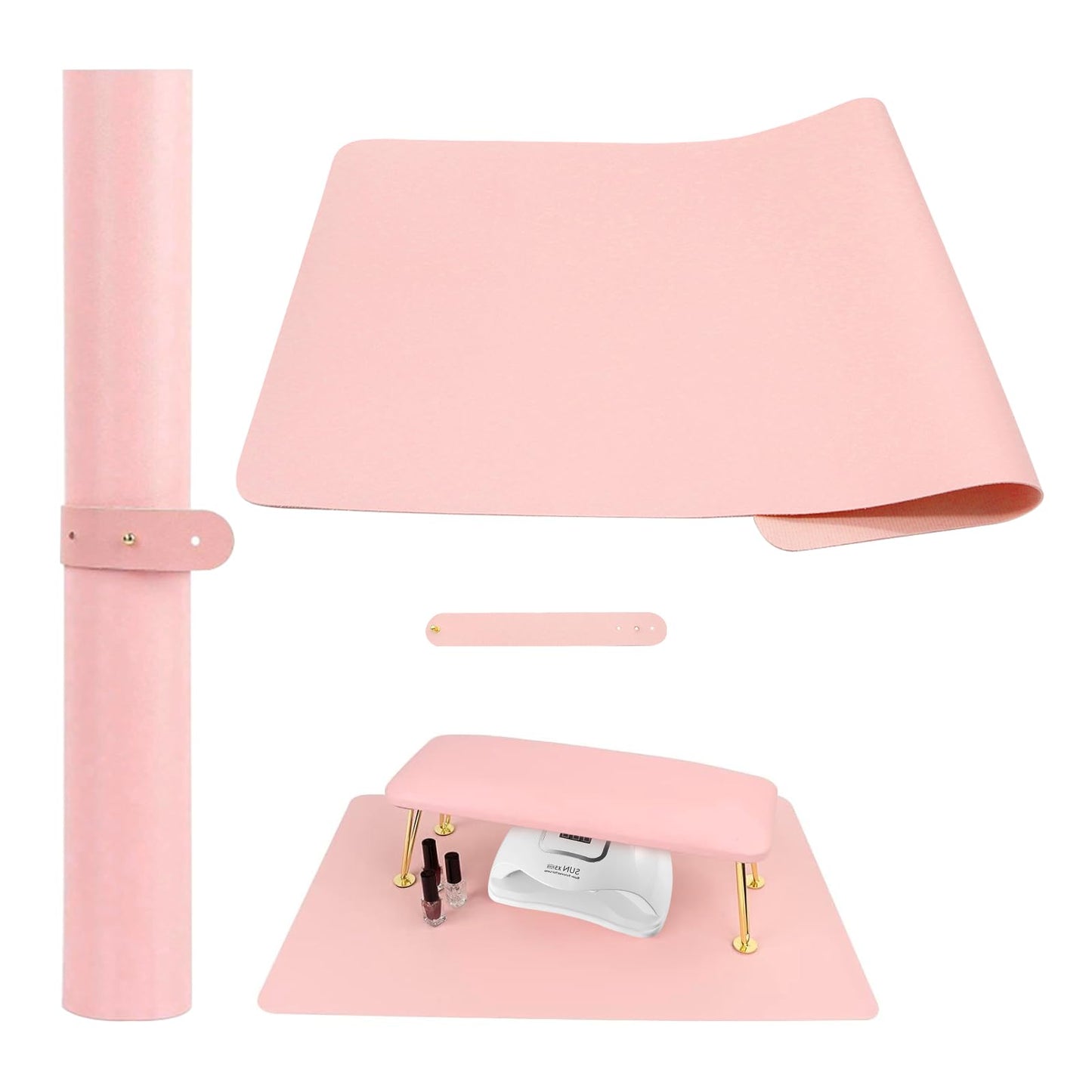 Foldable Nail Mat for Table, Waterproof PU Leather Manicure Pad, Non-Slip Desk Protector for Nail Tech & Salon, Portable Easy Clean Large 60x30cm Nail Art Station Mat (Pink)
