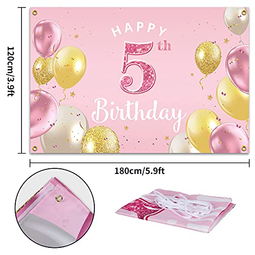Happy 5th Birthday Banner - Pink Party Backdrop 3.9x5.9ft