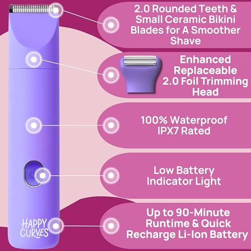 HAPPY CURVES Smoothie 2.0 Bikini Trimmer - Electric Razor for Women, Waterproof Hair Groomer with Adjustable Guards, Personal Shaver for Pubic Hair, Ladies Intimate Shaver and Body Trimmer (Berry)