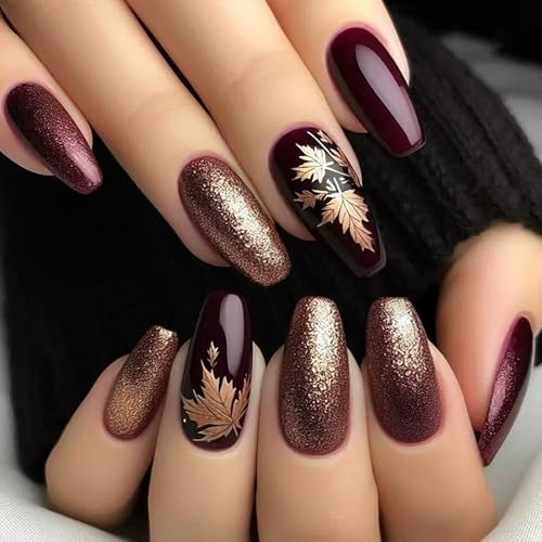 Gold Fall Maple Leaf Press on Nails Medium Coffin 24 Pcs Autumn Thanksgiving