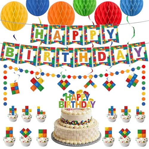 Building Block Birthday Party Decorations Set - 20pcs Banner & Cupcake Toppers