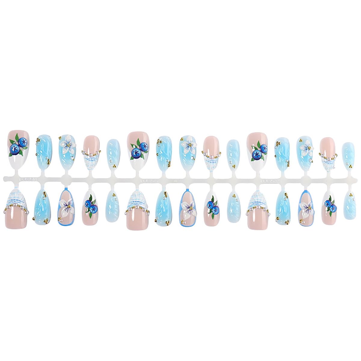 3D Blueberry Flower Press-On Nails - Medium Almond Shape with Pearl & Gold Beads | Reusable Glossy Blue French Tips for Summer Parties