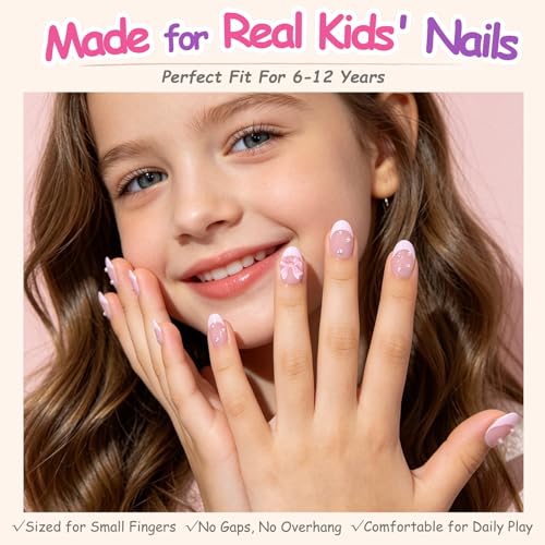 24pcs Kids Press On Nails with Pink Bow & Pearl - Non-Toxic Fashion Kit